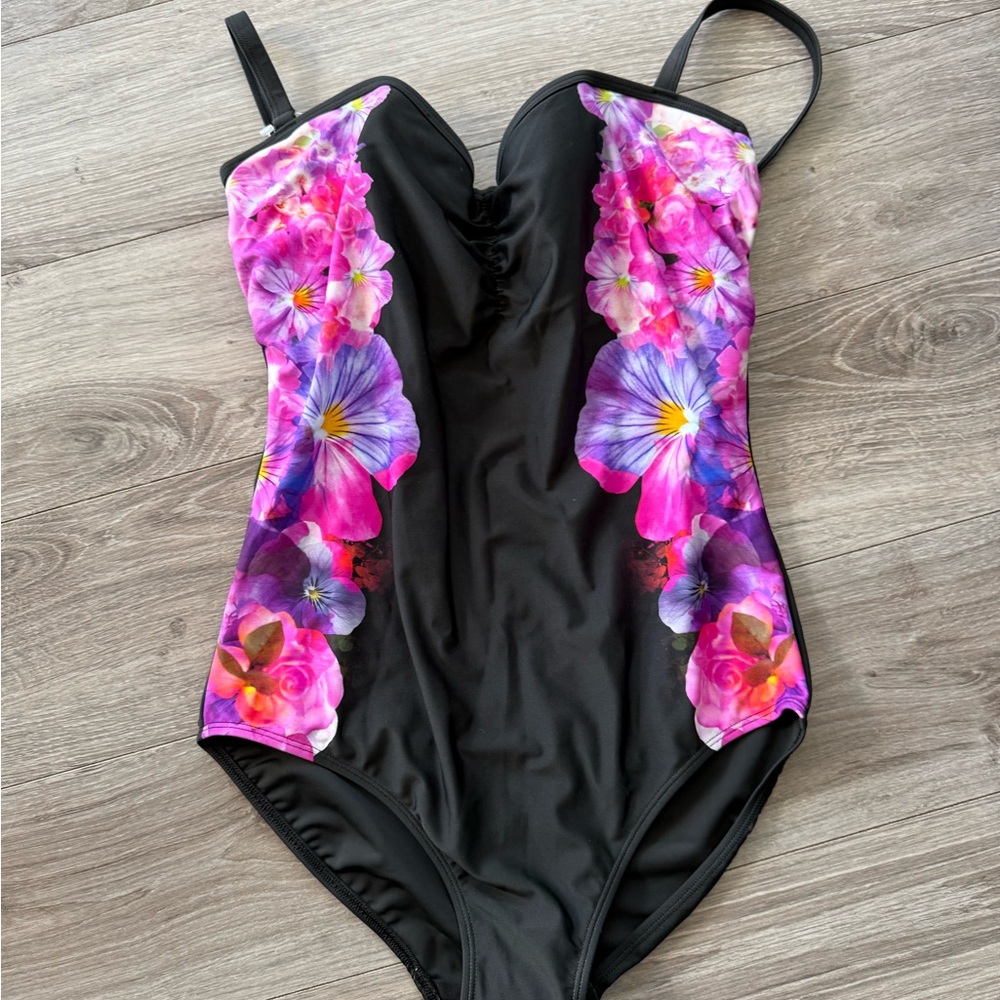 Panache Black and Pink One Piece Swimsuit Floral Design
